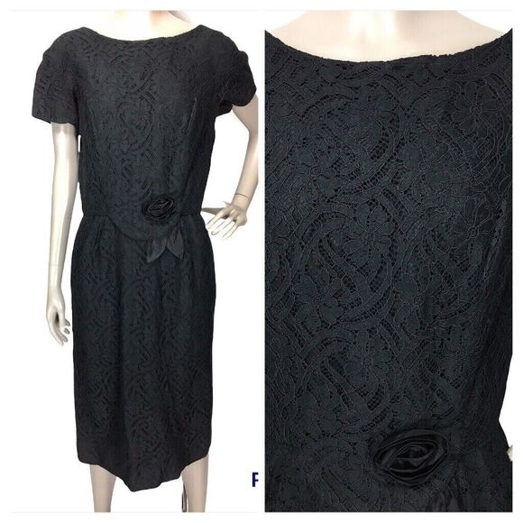 Vintage 40s 50s Lorch of Dallas Black Lace Cocktail Hostess Sheath Dress Medium - Picture 1 of 8